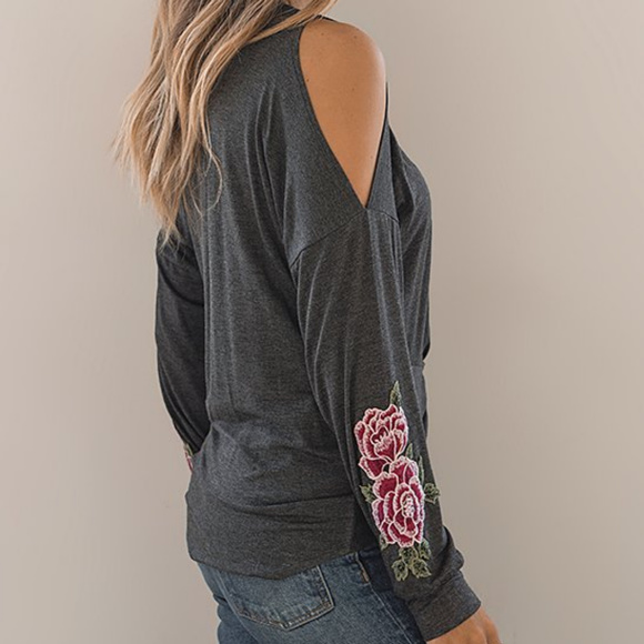 Floral-Accent Front-Twist Shoulder-Cutout Top - Picture 1 of 6